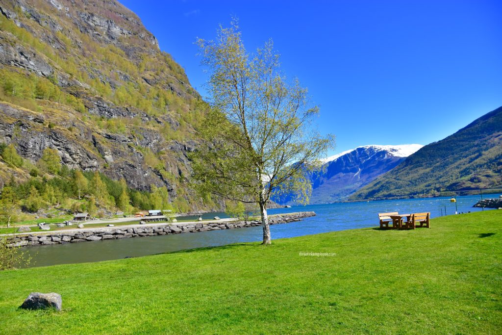beautiful places in norway - Flam village - green mountains and blue fjords